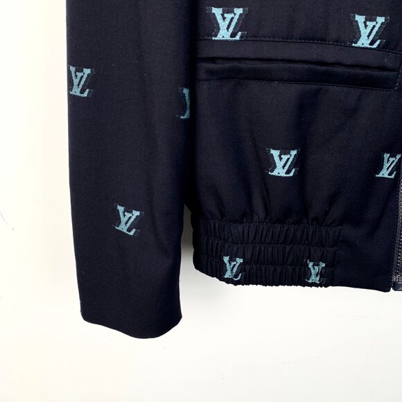 Louis Vuitton Dark Blue Logo Jacquard Wool-Cotton Jacket XS Size W/ Zipper & Lap - Picture 4 of 8